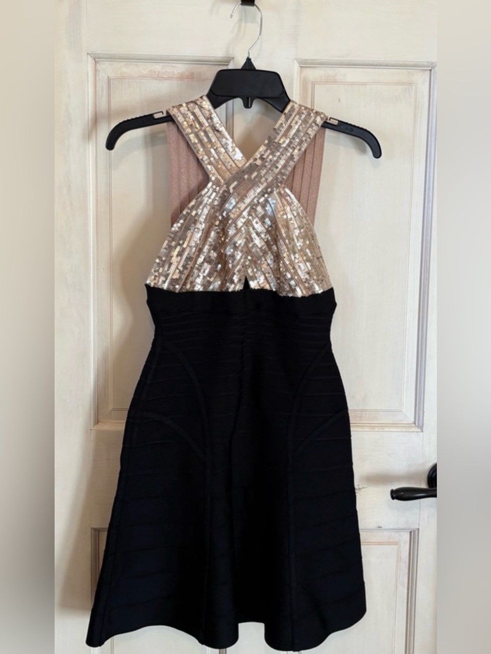 Herve Leger Black and Gold Asymmetrical Sequin Fit & Flare Dress - Picture 5 of 9